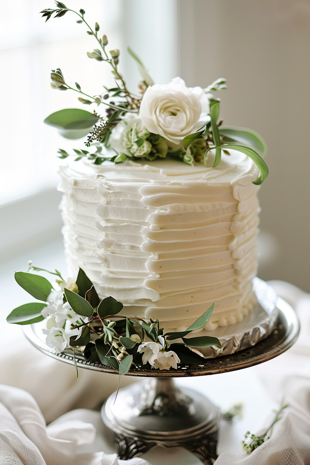 White celebration cake decorated with fresh roses on a silver stand